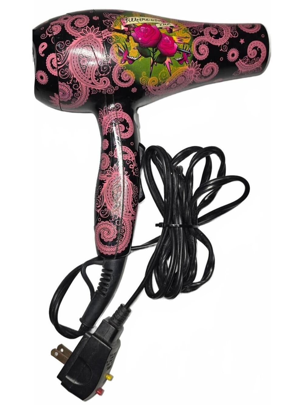 Vintage Ed Hardy "Jilbere de Paris INK" Black & Pink Paisley Hair Dryer w/Rose